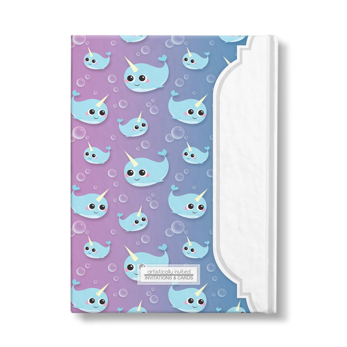Personalized Cute Happy Narwhal Journal at Artistically Invited. Back side of journal.