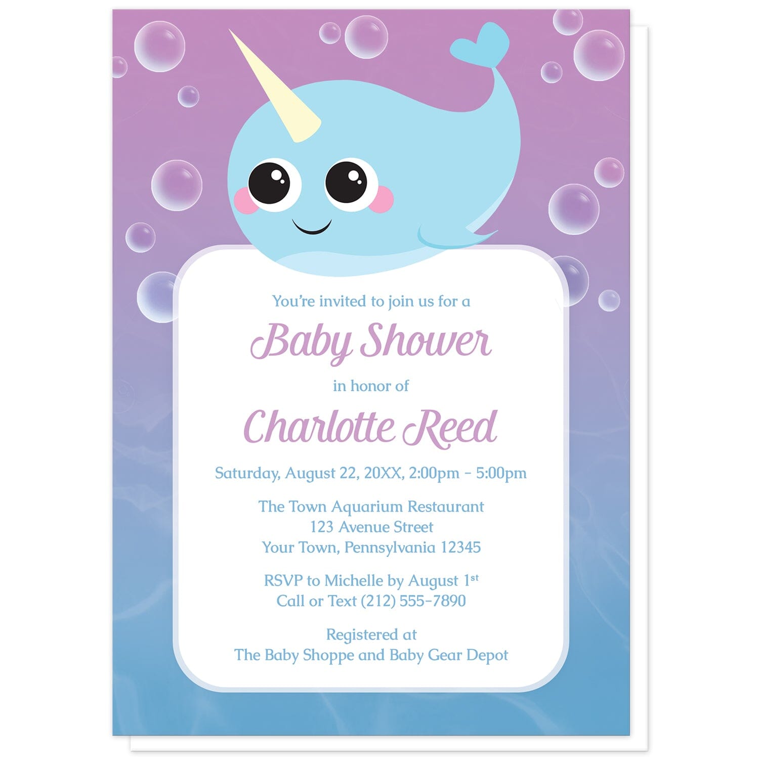 Cute Happy Narwhal Baby Shower Invitations at Artistically Invited. Cute happy narwhal baby shower invitations that are illustrated with a cute and happy blue narwhal surrounded by bubbles, over a purple to blue gradient ombre underwater background. Your personalized baby shower celebration details are custom printed in purple and blue over a white rectangular area over the gradient water background.