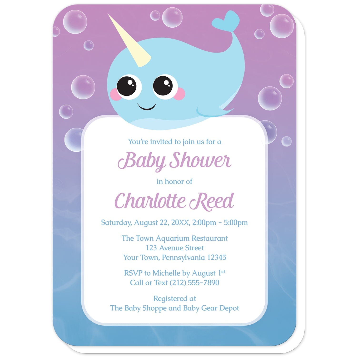 Cute Happy Narwhal Baby Shower Invitations (with rounded corners) at Artistically Invited. Cute happy narwhal baby shower invitations that are illustrated with a cute and happy blue narwhal surrounded by bubbles, over a purple to blue gradient ombre underwater background. Your personalized baby shower celebration details are custom printed in purple and blue over a white rectangular area over the gradient water background.
