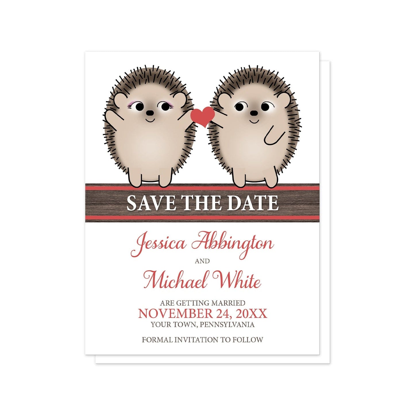 Cute Hedgehogs Holding Red Heart Save the Date Cards at Artistically Invited. Cute hedgehogs holding red heart save the date cards with two adorable brown hedgehogs smiling at each other, holding a red heart between them as an expression of love and affection. Across the center area of these cards is 'save the date' in white over a red and brown wood grain stripe.