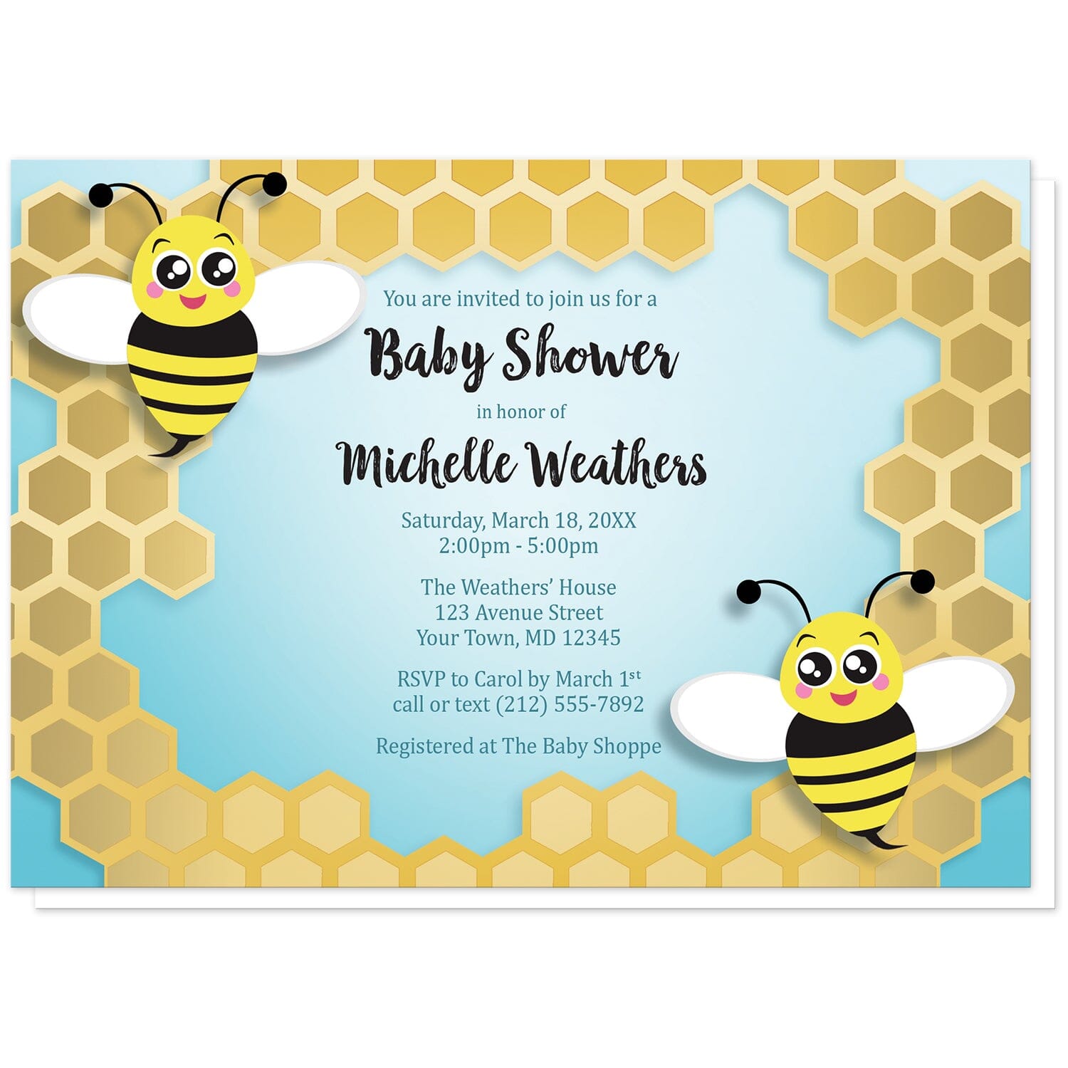 Cute Honeycomb Bee Baby Shower Invitations at Artistically Invited. Cute honeycomb bee baby shower invitations illustrated with two cute bees on opposite corners over an irregular golden yellow honeycomb frame design on a turquoise gradient background. The personalized information you provide for your baby shower celebration will be custom printed in black and dark turquoise in the center over the background color.