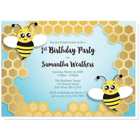 Cute Honeycomb Bee Birthday Party Invitations at Artistically Invited. Invites for a 1st birthday or other year or milestone that are illustrated with two cute bees on opposite corners over an irregular golden yellow honeycomb frame design over a turquoise gradient background. The personalized information you provide for your birthday party celebration will be custom printed in black and dark turquoise in the center over the background color.