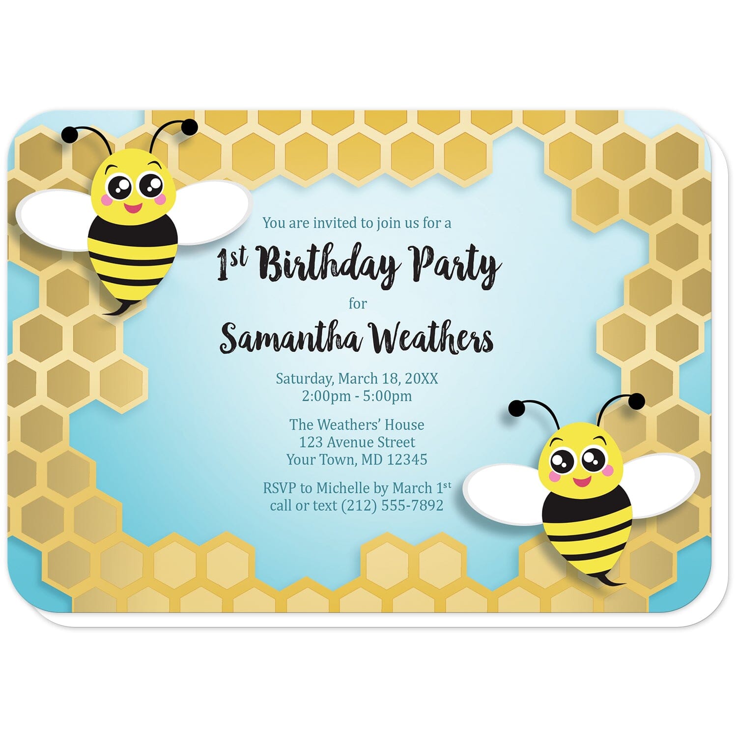 Cute Honeycomb Bee Birthday Party Invitations (with rounded corners) at Artistically Invited. Invites for a 1st birthday or other year or milestone that are illustrated with two cute bees on opposite corners over an irregular golden yellow honeycomb frame design over a turquoise gradient background. The personalized information you provide for your birthday party celebration will be custom printed in black and dark turquoise in the center over the background color.