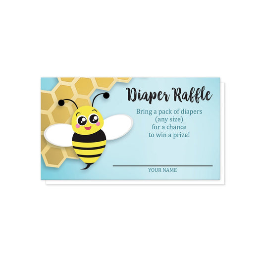 Cute Honeycomb Bee Diaper Raffle Cards at Artistically Invited. Cute honeycomb bee diaper raffle cards illustrated with an adorable bee over an irregular honeycomb corner design on a turquoise gradient background. Your diaper raffle details are printed in black and dark turquoise over the background color to the right of the bee.