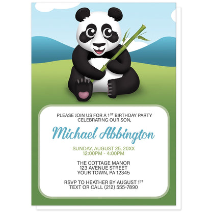 Cute Panda with Bamboo Birthday Party Invitations at Artistically Invited. Cute panda with bamboo birthday party invitations with a unique illustration of a happy and cute panda sitting in the grass holding bamboo with a simple Asian mountains background with a blue sky. Your personalized birthday party celebration details are custom printed in blue, green, and dark gray in a white rectangular area over the background design below the happy panda.