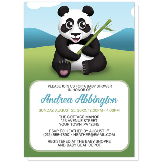 Cute Panda with Bamboo Baby Shower Invitations at Artistically Invited. Cute panda with bamboo baby shower invitations with a unique illustration of a happy and cute panda sitting in the grass holding bamboo with a simple Asian mountains background with a blue sky. Your personalized baby shower celebration details are custom printed in blue, green, and dark gray in a white rectangular area over the background design below the happy panda.