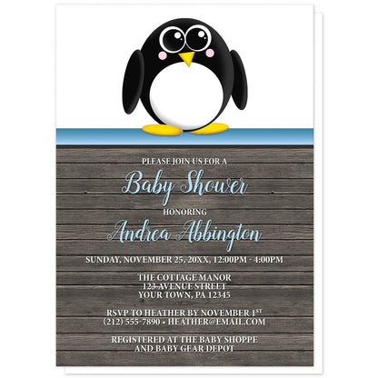 Cute Penguin Blue Rustic Wood Baby Shower Invitations at Artistically Invited. Cute penguin blue rustic wood baby shower invitations with an illustration of an adorable black and white penguin. This cute little penguin stands on a horizontal blue stripe at the top of the invitations. The personalized information you provide for your baby shower celebration will be custom printed in blue and white over a rustic brown wood background illustration.