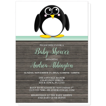 Cute Penguin Mint Green Rustic Wood Baby Shower Invitations at Artistically Invited. Cute penguin mint green rustic wood baby shower invitations with an illustration of an adorable black and white penguin. This cute little penguin stands on a horizontal mint stripe at the top of the invitations. The personalized information you provide for your baby shower celebration will be custom printed in mint and white over a rustic brown wood background illustration.
