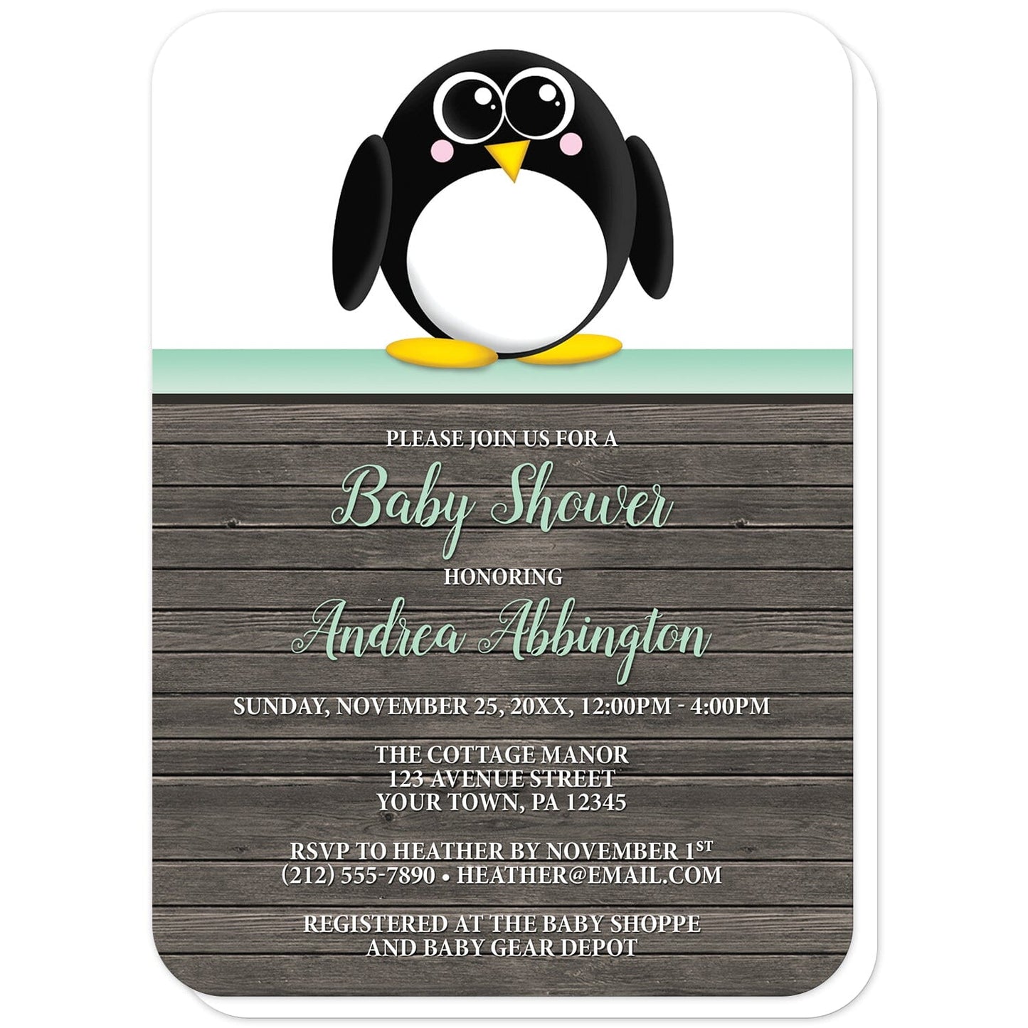 Cute Penguin Mint Green Rustic Wood Baby Shower Invitations (with rounded corners) at Artistically Invited. Cute penguin mint green rustic wood baby shower invitations with an illustration of an adorable black and white penguin. This cute little penguin stands on a horizontal mint stripe at the top of the invitations. The personalized information you provide for your baby shower celebration will be custom printed in mint and white over a rustic brown wood background illustration.