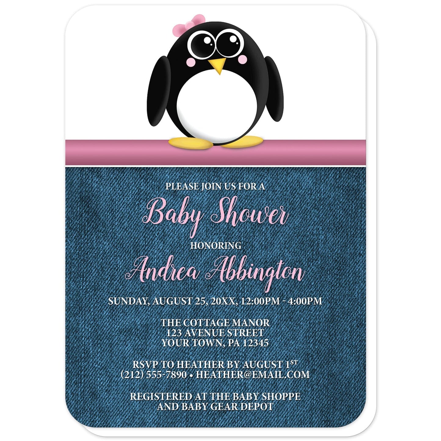 Cute Penguin Pink Rustic Denim Baby Shower Invitations (with rounded corners) at Artistically Invited. Cute penguin pink rustic denim baby shower invitations with an illustration of an adorable black and white penguin with a little pink bow. This cute little penguin stands on a horizontal pink stripe. The personalized information you provide for your baby shower celebration will be custom printed in pink and white over a rustic blue denim background.