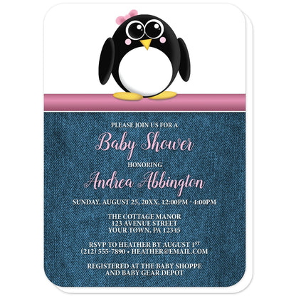 Cute Penguin Pink Rustic Denim Baby Shower Invitations (with rounded corners) at Artistically Invited. Cute penguin pink rustic denim baby shower invitations with an illustration of an adorable black and white penguin with a little pink bow. This cute little penguin stands on a horizontal pink stripe. The personalized information you provide for your baby shower celebration will be custom printed in pink and white over a rustic blue denim background.