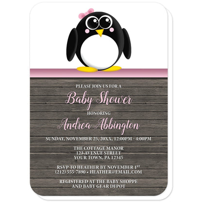 Cute Penguin Pink Rustic Wood Baby Shower Invitations (with rounded corners) at Artistically Invited. Cute penguin pink rustic wood baby shower invitations with an illustration of an adorable black and white penguin with a little pink bow. This cute little penguin stands on a horizontal pink stripe. The information you provide for your baby shower celebration will be custom printed in pink and white over a rustic brown wood background illustration.