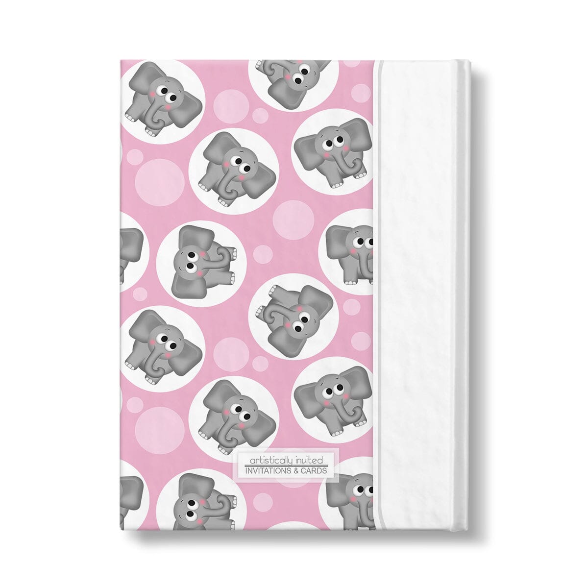 Personalized Cute Pink Elephant Journal at Artistically Invited. Back side of journal.