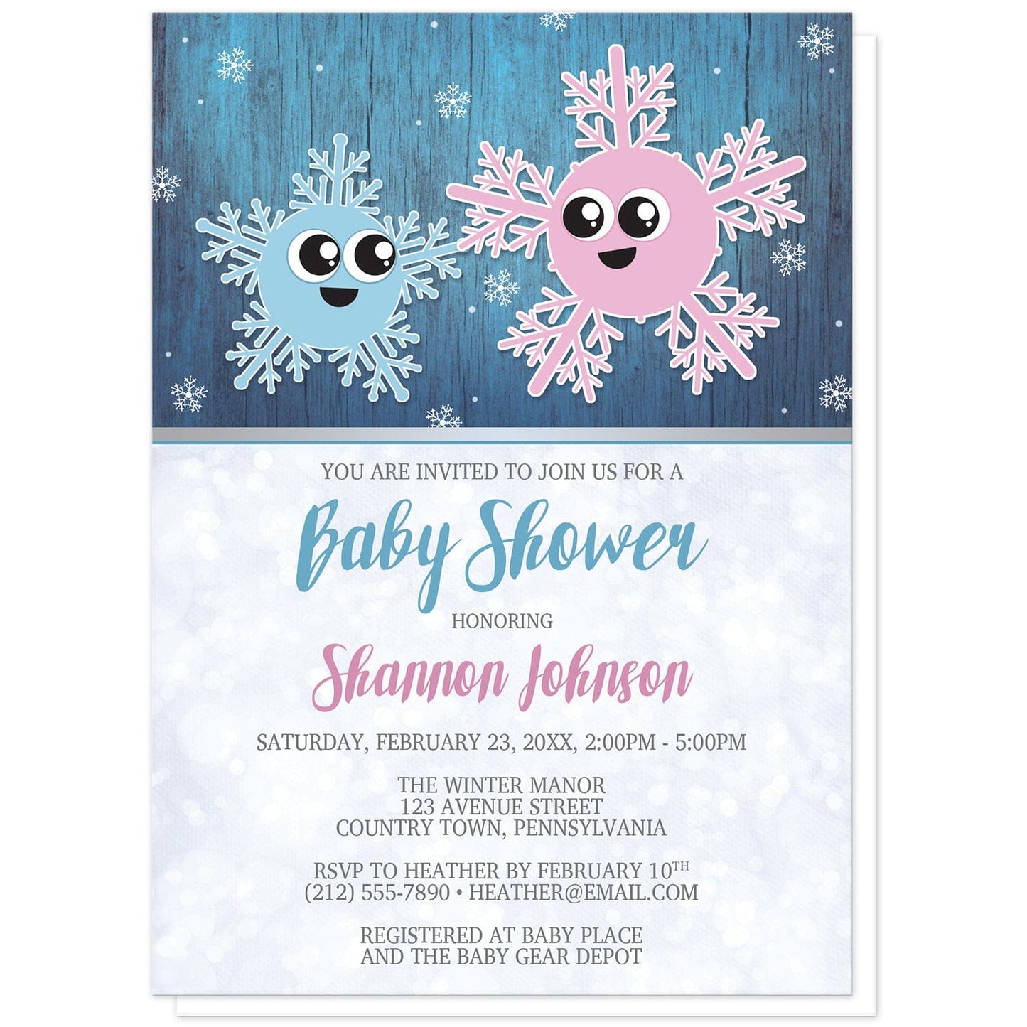 Cute Snowflake Rustic Winter Boy Baby Shower Invitations at Artistically Invited. Cute snowflake rustic winter boy baby shower invitations with an adorable illustration of little boy baby snowflake with his pink mommy snowflake. They are displayed over a dark blue background with a wood grain overlay, and smaller white snowflakes floating down. 