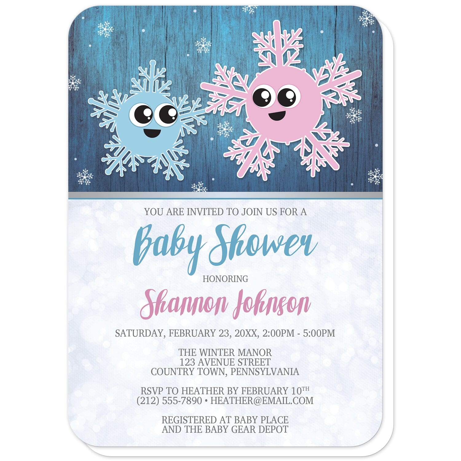 Cute Snowflake Rustic Winter Boy Baby Shower Invitations (with rounded corners) at Artistically Invited. Cute snowflake rustic winter boy baby shower invitations with an adorable illustration of little boy baby snowflake with his pink mommy snowflake. They are displayed over a dark blue background with a wood grain overlay, and smaller white snowflakes floating down. 