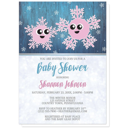 Cute Snowflake Rustic Winter Girl Baby Shower Invitations at Artistically Invited. Cute snowflake rustic winter girl baby shower invitations with an adorable illustration of little girl baby snowflake with her pink mommy snowflake. They are displayed over a dark blue background with a wood grain overlay, and smaller white snowflakes floating down.