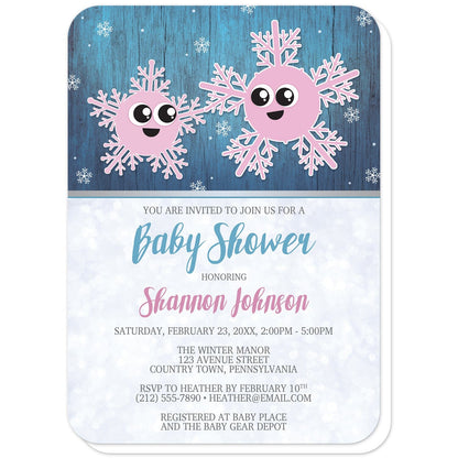 Cute Snowflake Rustic Winter Girl Baby Shower Invitations (with rounded corners) at Artistically Invited. Cute snowflake rustic winter girl baby shower invitations with an adorable illustration of little girl baby snowflake with her pink mommy snowflake. They are displayed over a dark blue background with a wood grain overlay, and smaller white snowflakes floating down.