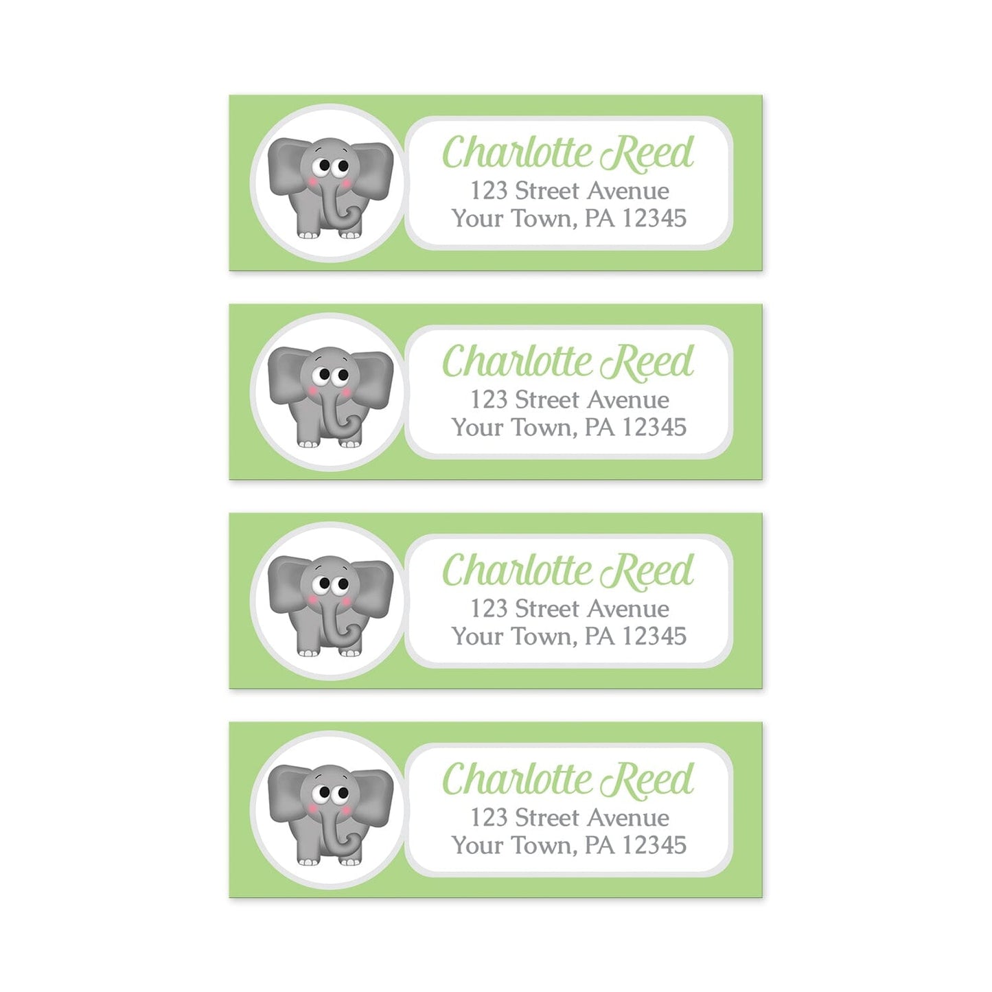 4 Cute Elephant Green Address Labels on a white background