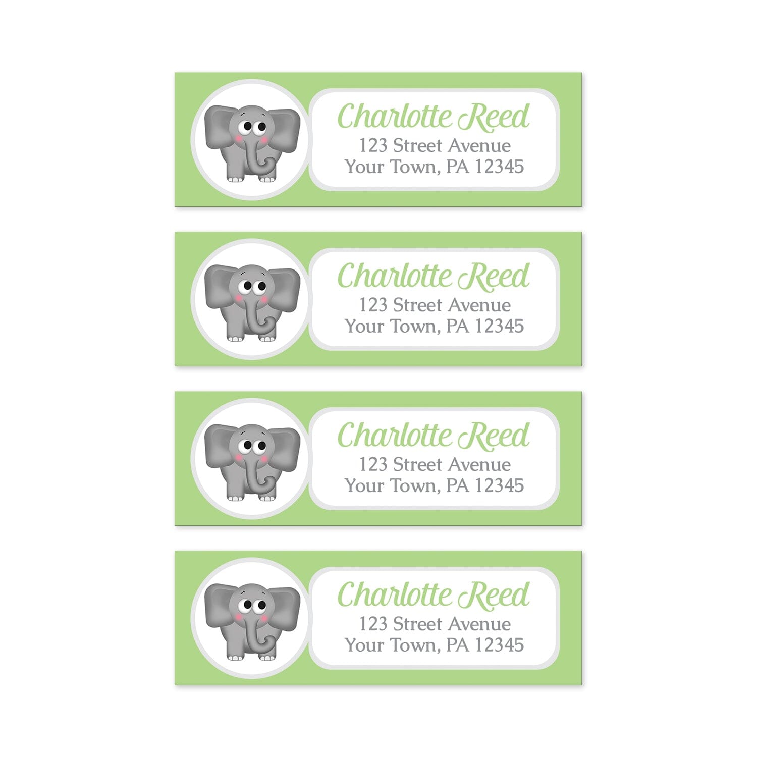 4 Cute Elephant Green Address Labels on a white background