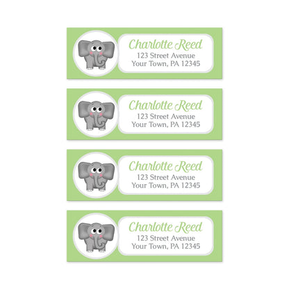 4 Cute Elephant Green Address Labels on a white background