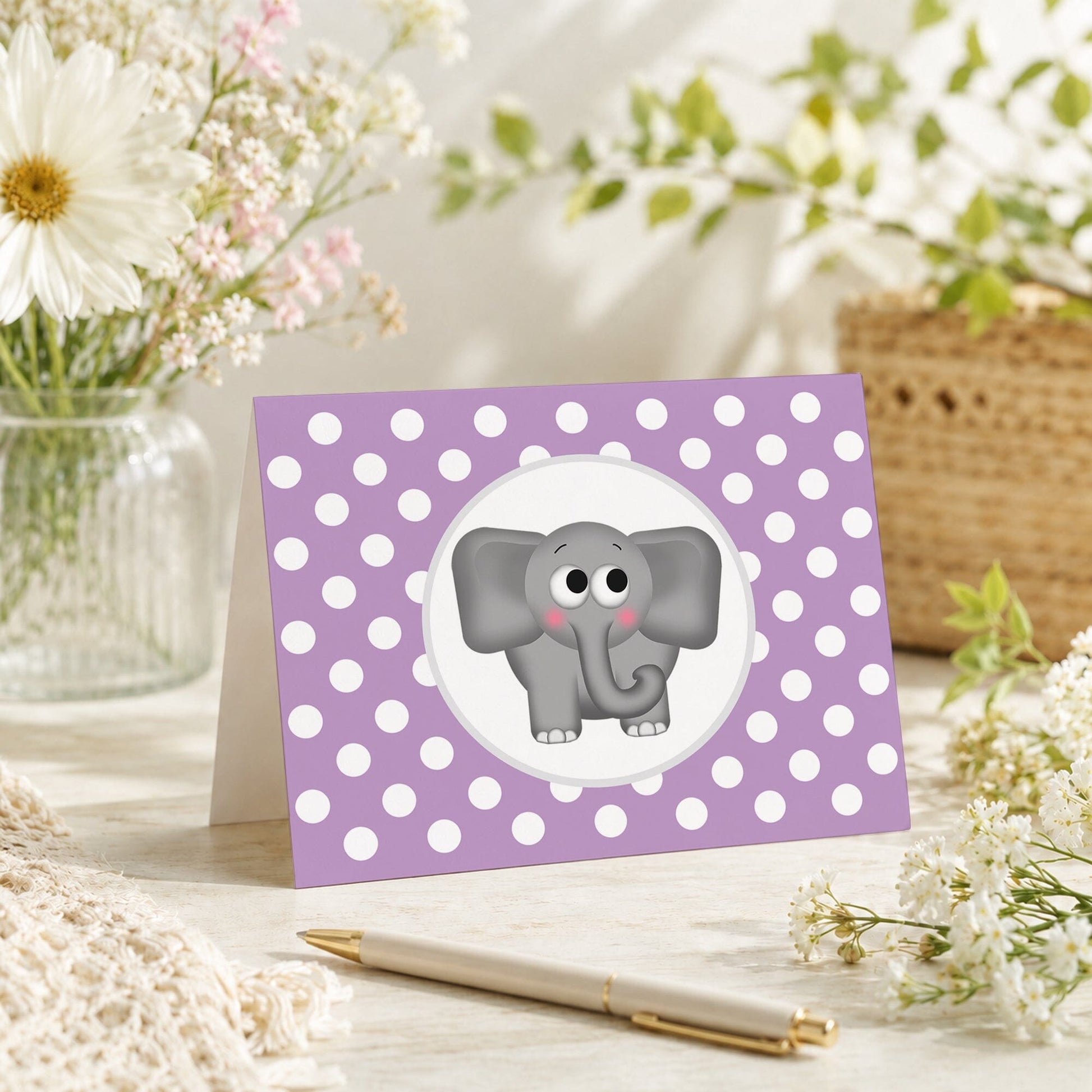 Cute Elephant Purple Polka Dot Note Card shown on a tabletop with a vase, spring and summer flowers, and a pen.