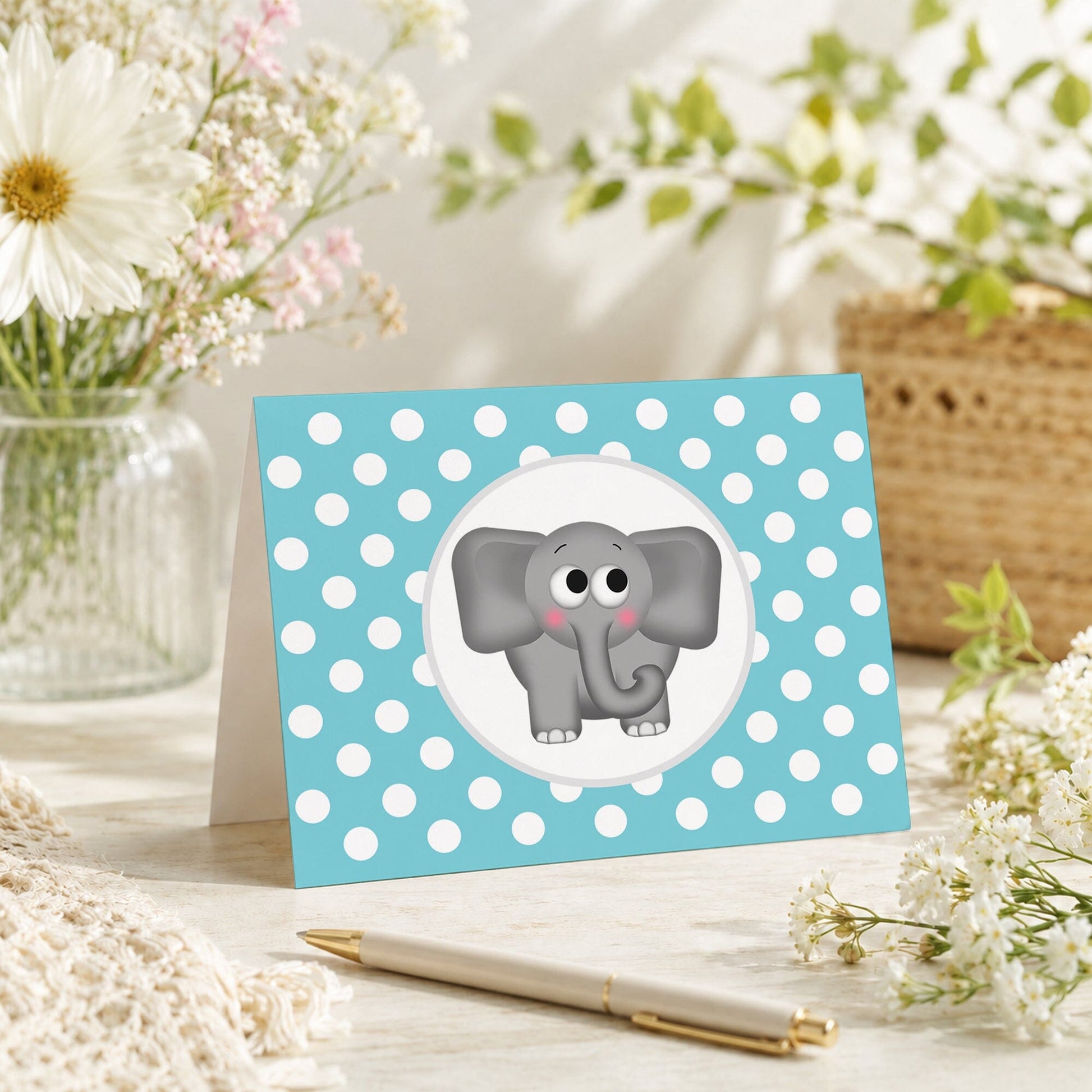 Cute Elephant Turquoise Polka Dot Note Card shown on a tabletop with a vase, spring and summer flowers, and a pen.