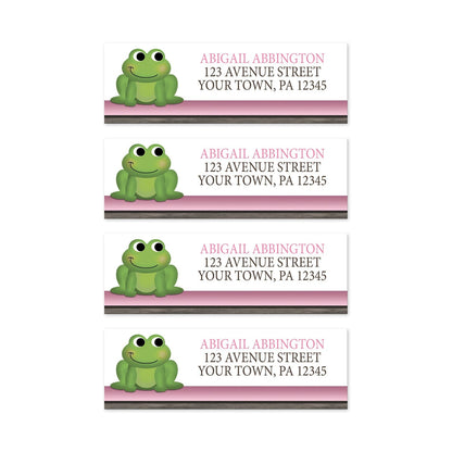 4 Cute Frog Green Pink Rustic Brown Address Labels on a white background