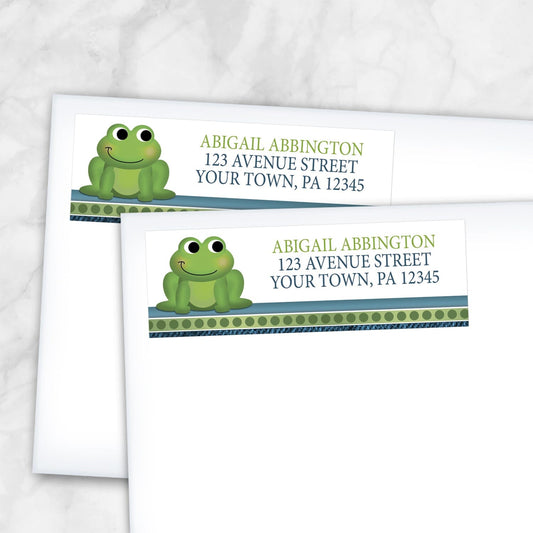 2 Cute Frog Green Rustic Blue Address Labels shown on white envelopes on a marble surface