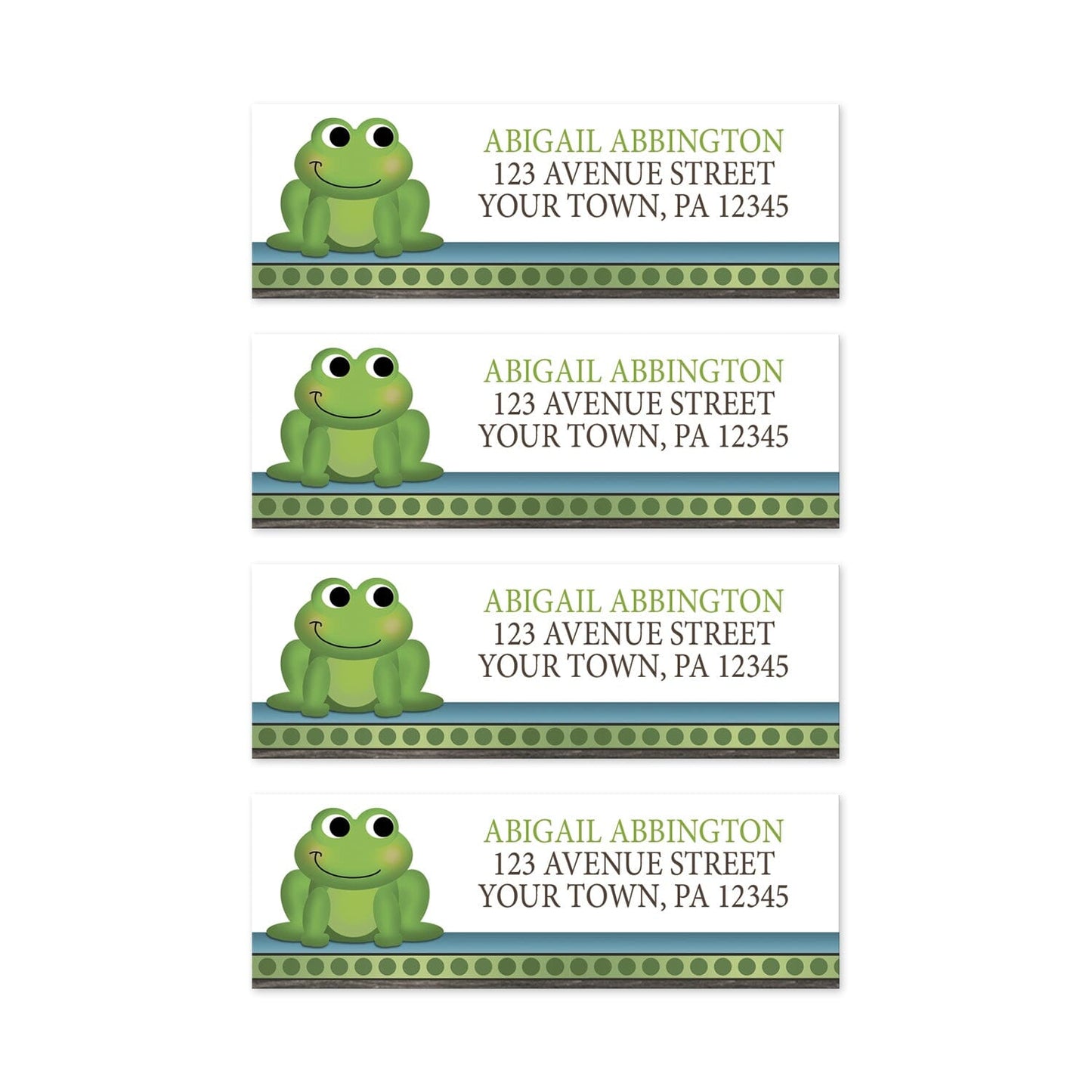 4 Cute Frog Green Rustic Brown Address Labels on a white background