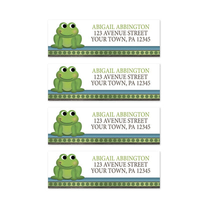 4 Cute Frog Green Rustic Brown Address Labels on a white background