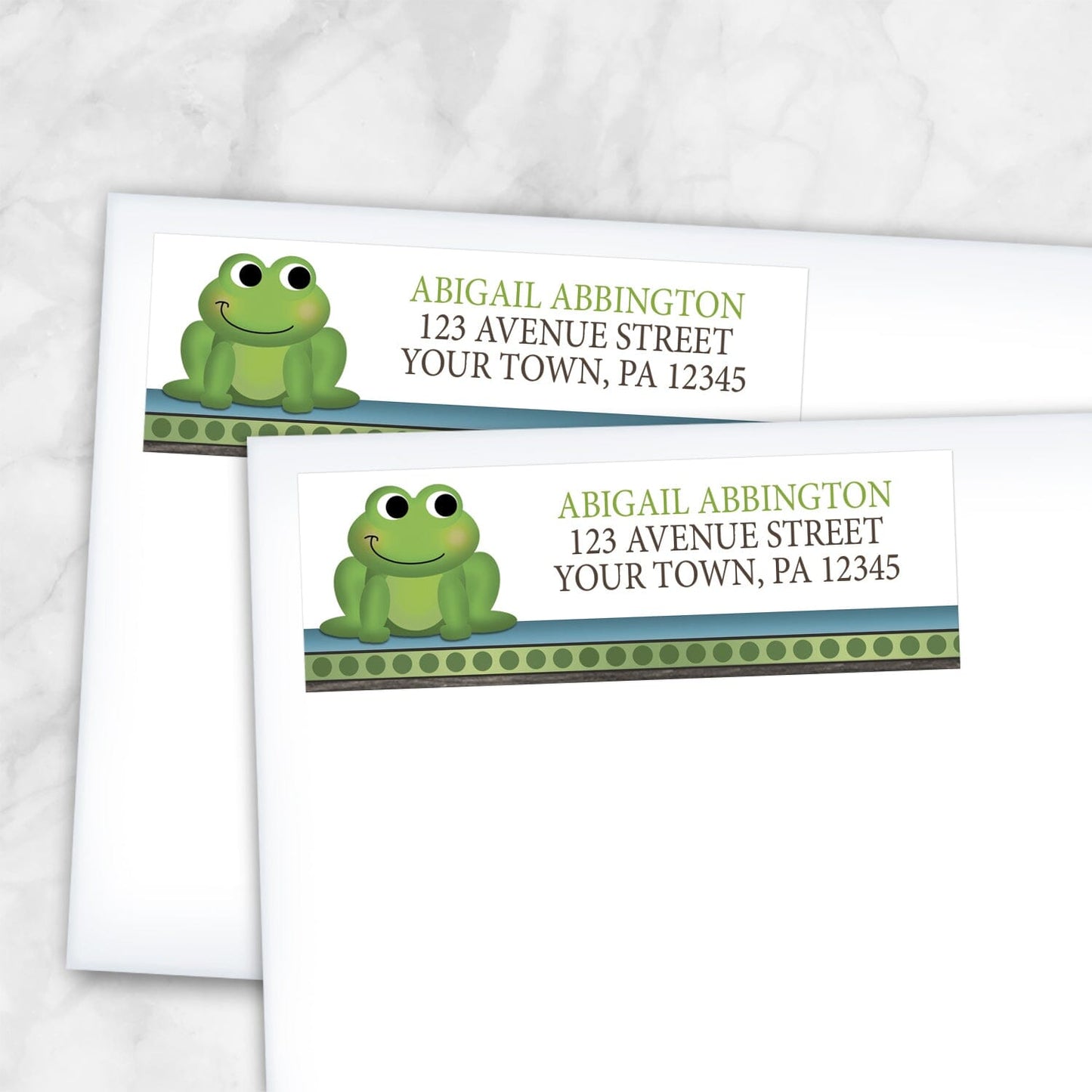 2 Cute Frog Green Rustic Brown Address Labels shown on white envelopes on a marble surface