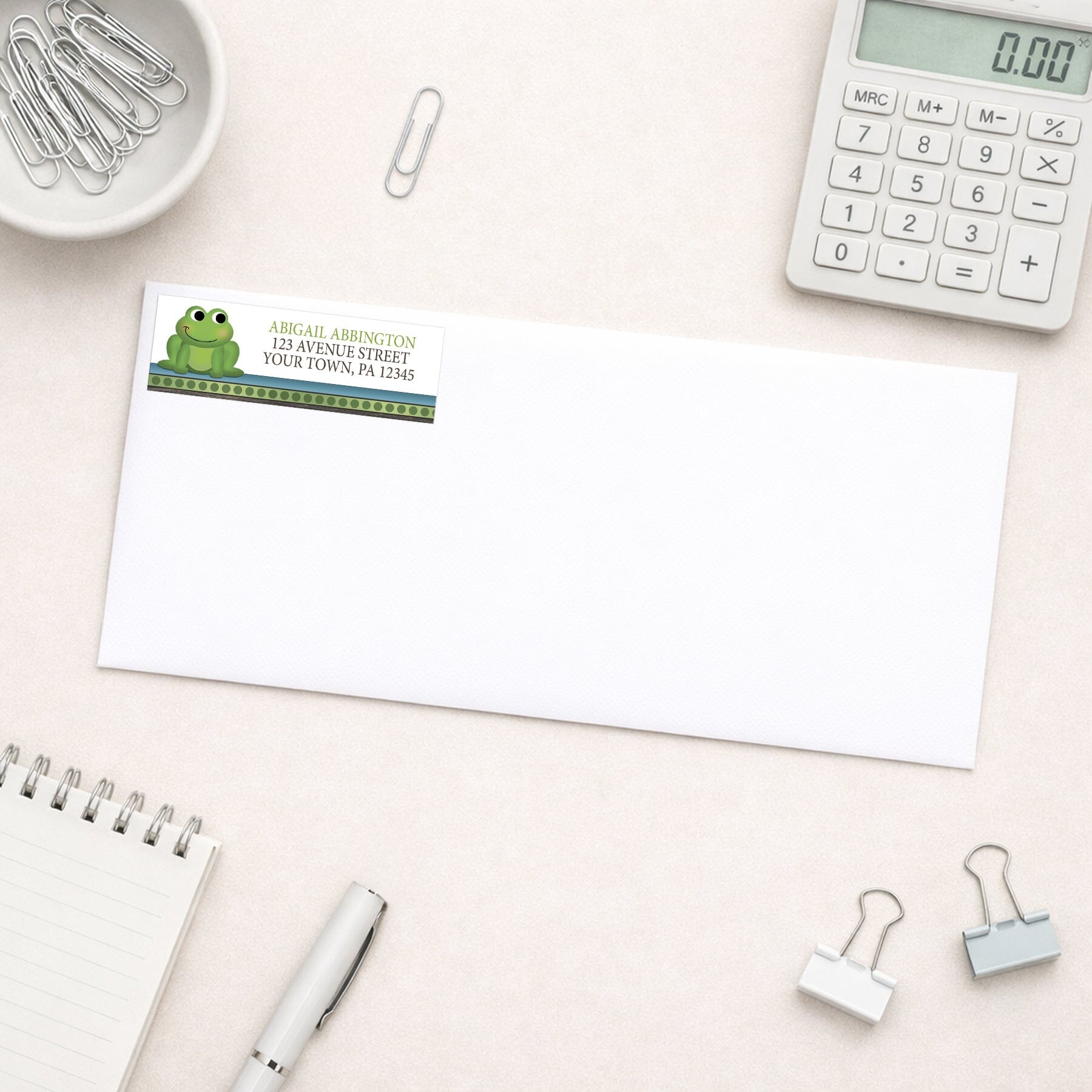 Cute Frog Green Rustic Brown Address Label shown on a white envelope with office supplies