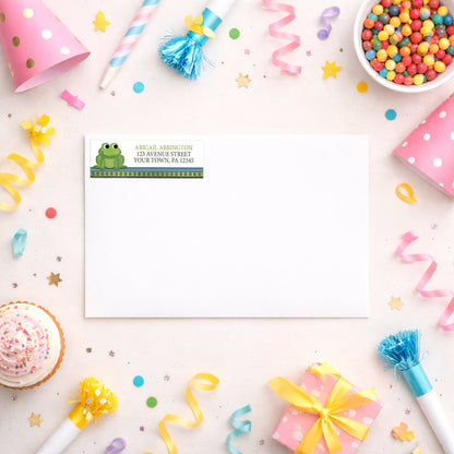 Cute Frog Green Rustic Brown Address Label shown on a white envelope with party supplies