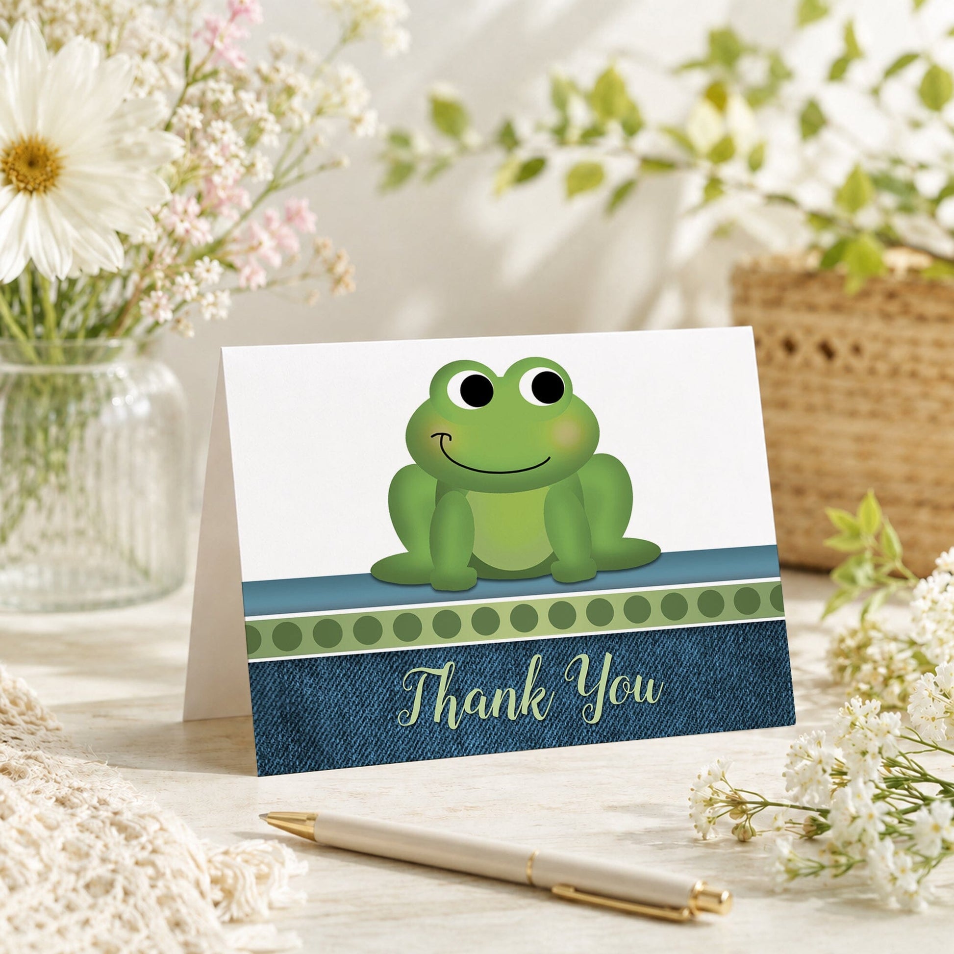 Cute Frog Green Rustic Denim Thank You Card shown on a tabletop with a vase, spring and summer flowers, and a pen.