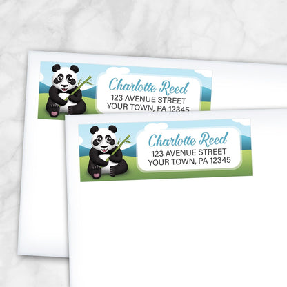 2 Cute Panda with Bamboo Address Labels shown on white envelopes on a marble surface