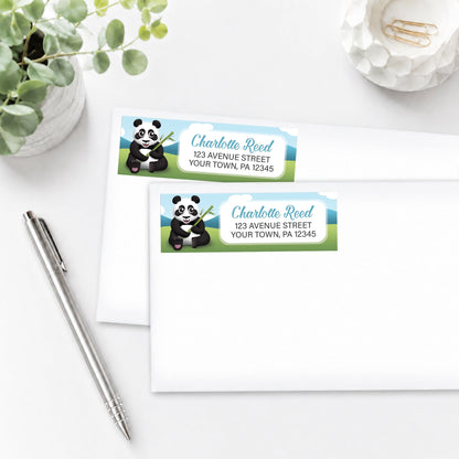 Cute Panda with Bamboo Address Labels, shown on white envelopes, on a white surface with a pen and plant.