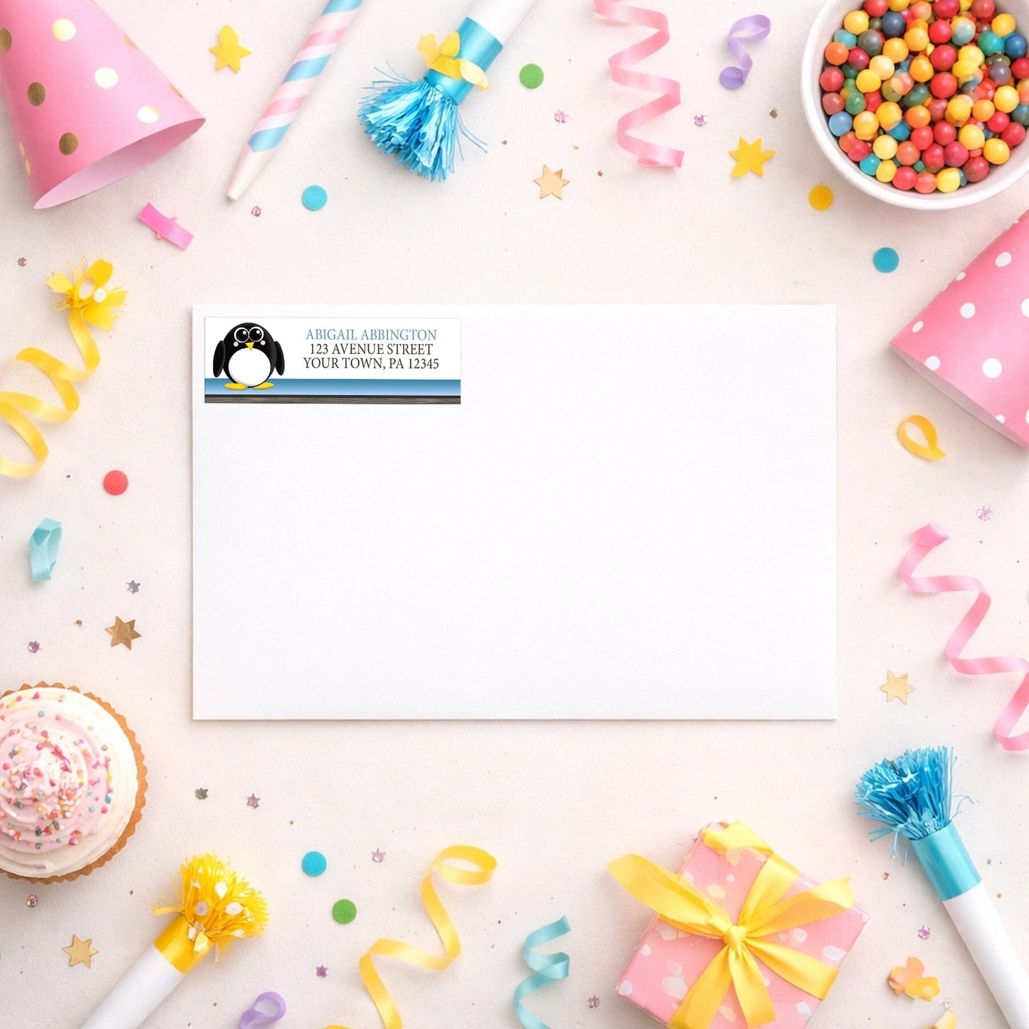 Cute Penguin Blue Rustic Address Label shown on a white envelope with party supplies