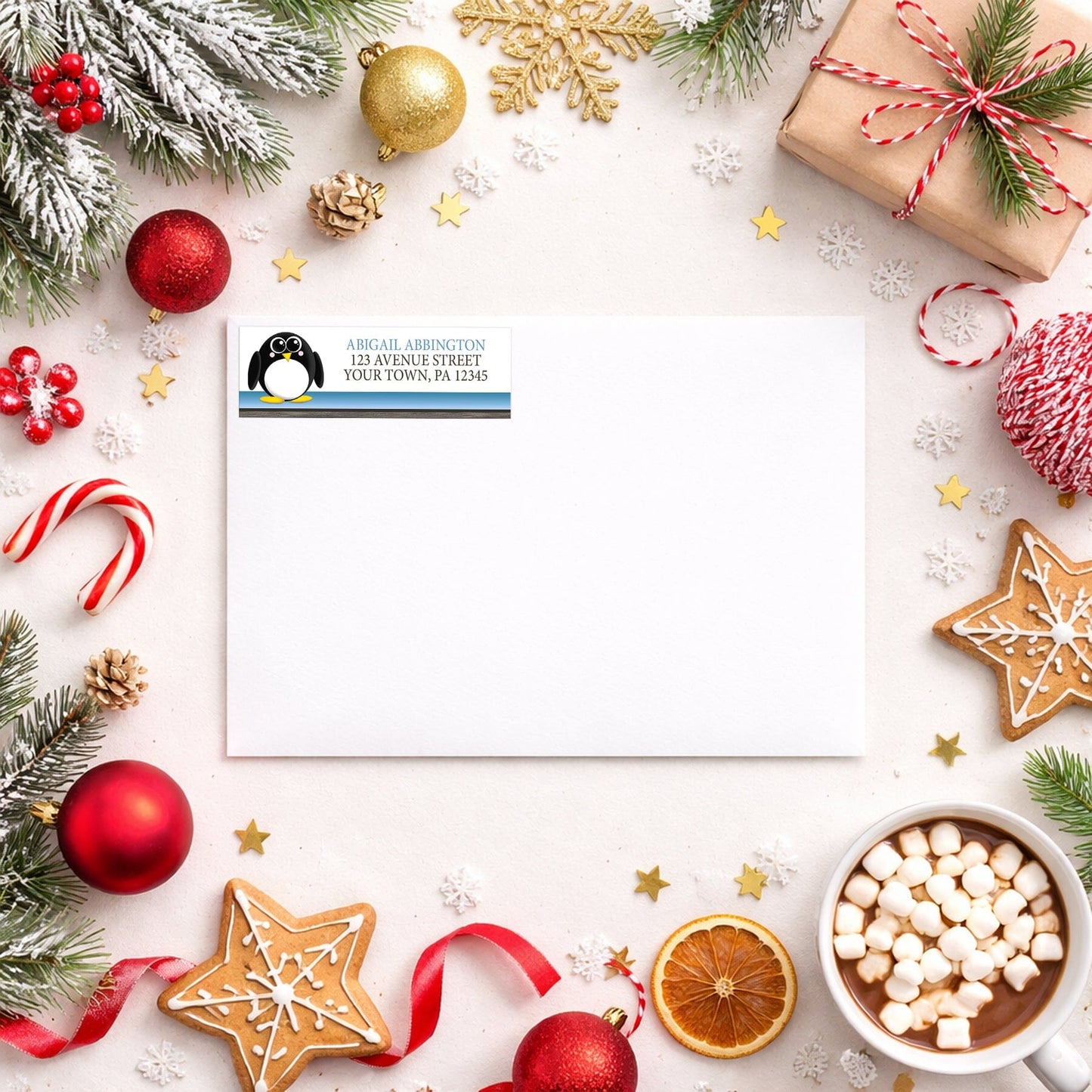 Cute Penguin Blue Rustic Address Label shown on a white envelope with winter Christmas holiday supplies