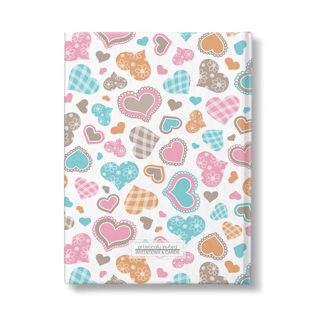Personalized Cutesy Hearts Pattern Journal at Artistically Invited. Back side of journal.