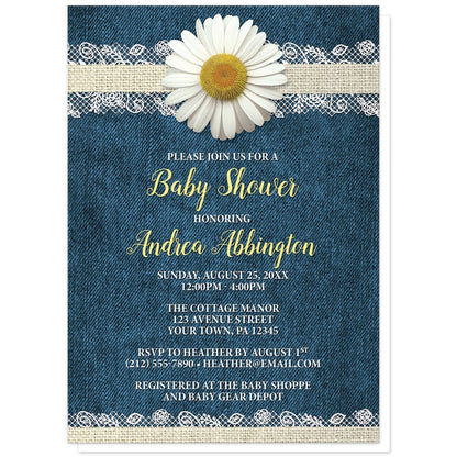 Daisy Burlap and Lace Denim Baby Shower Invitations at Artistically Invited. Southern rustic daisy burlap and lace denim baby shower invitations with a white daisy flower centered at the top on a burlap and lace ribbon strip illustration, over a country blue denim background. Your personalized baby shower celebration details are custom printed in yellow and white over the denim design.