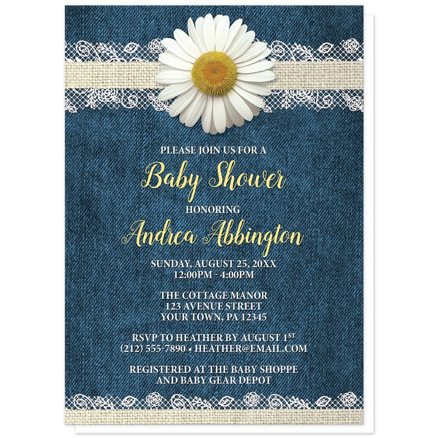 Daisy Burlap and Lace Denim Baby Shower Invitations at Artistically Invited. Southern rustic daisy burlap and lace denim baby shower invitations with a white daisy flower centered at the top on a burlap and lace ribbon strip illustration, over a country blue denim background. Your personalized baby shower celebration details are arranged in yellow and white over the denim design.