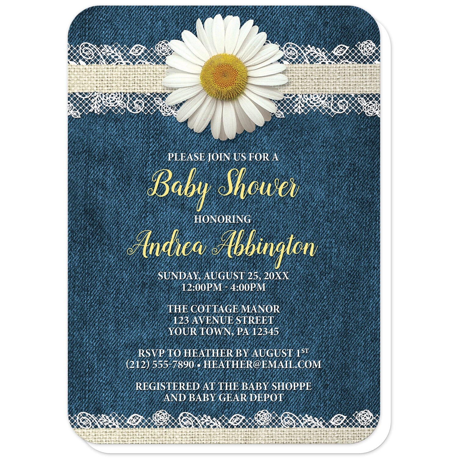 Daisy Burlap and Lace Denim Baby Shower Invitations (with rounded corners) at Artistically Invited. Southern rustic daisy burlap and lace denim baby shower invitations with a white daisy flower centered at the top on a burlap and lace ribbon strip illustration, over a country blue denim background. Your personalized baby shower celebration details are custom printed in yellow and white over the denim design.