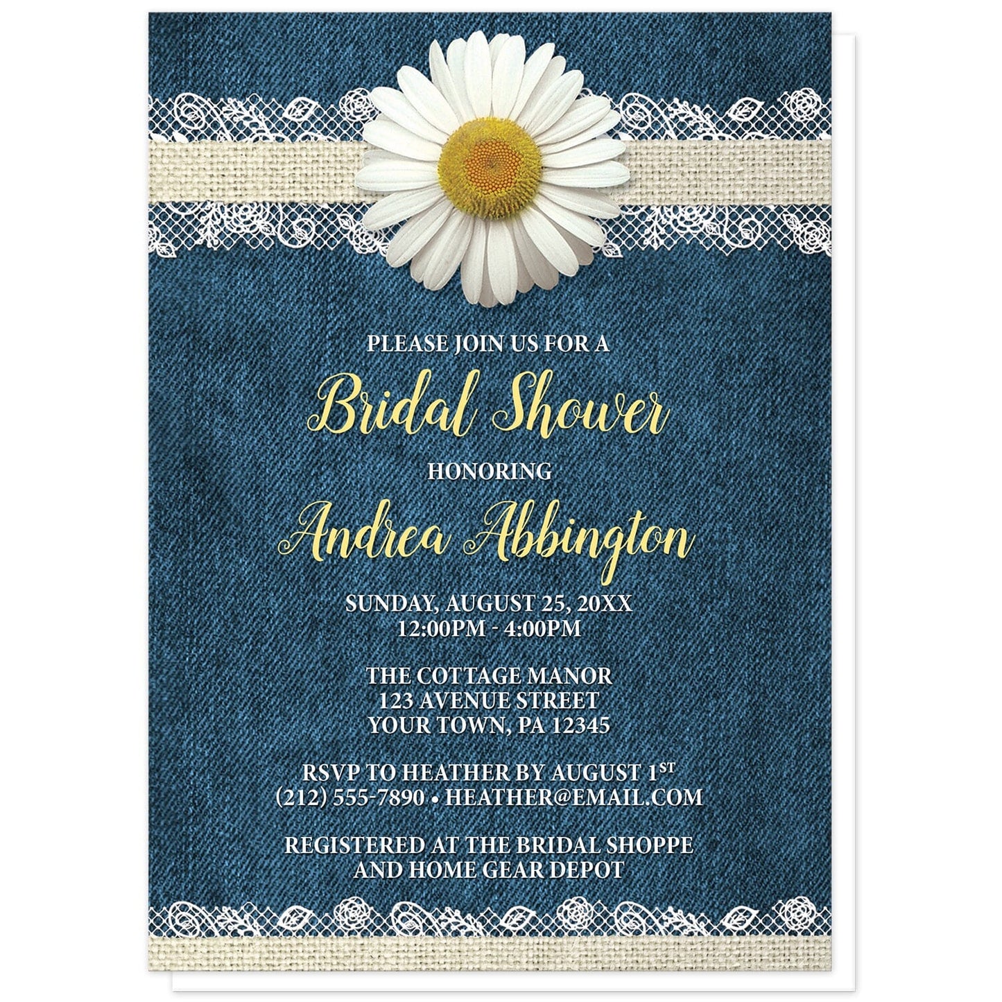 Daisy Burlap and Lace Denim Bridal Shower Invitations at Artistically Invited. Southern rustic daisy burlap and lace denim bridal shower invitations with a white daisy flower centered at the top on a burlap and lace ribbon strip illustration, over a country blue denim background. Your personalized bridal shower celebration details are custom printed in yellow and white over the denim design.