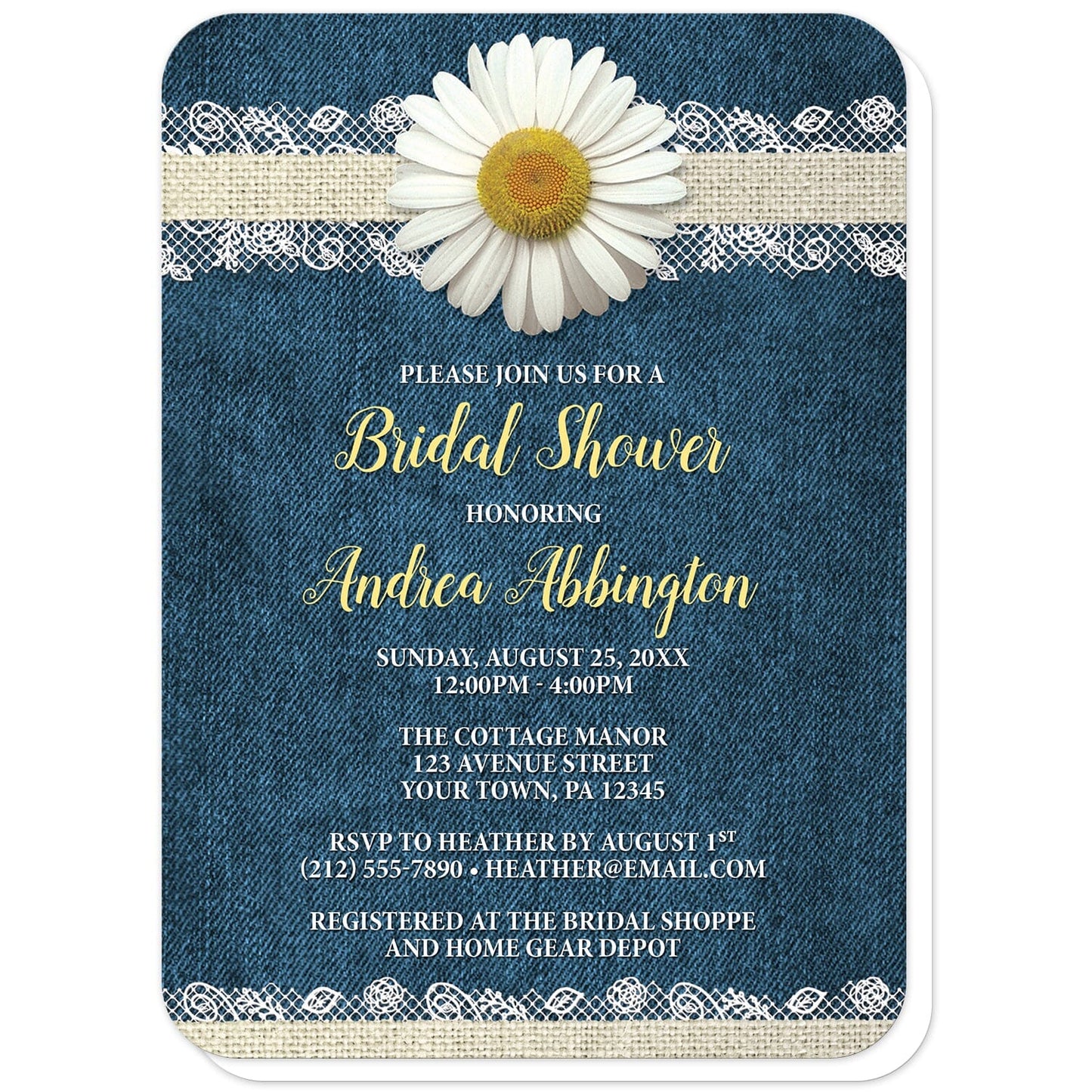 Daisy Burlap and Lace Denim Bridal Shower Invitations (with rounded corners) at Artistically Invited. Southern rustic daisy burlap and lace denim bridal shower invitations with a white daisy flower centered at the top on a burlap and lace ribbon strip illustration, over a country blue denim background. Your personalized bridal shower celebration details are custom printed in yellow and white over the denim design.