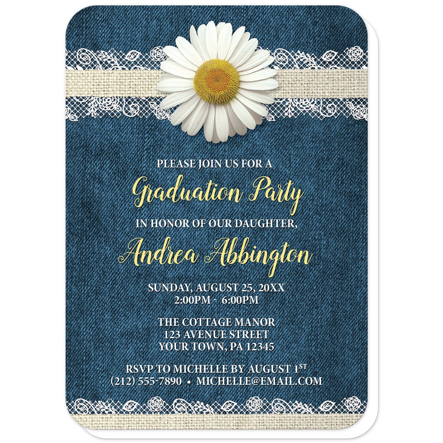 Daisy Burlap and Lace Denim Graduation Invitations (with rounded corners) at Artistically Invited. Daisy burlap and lace denim graduation invitations with a white daisy flower image centered at the top on a burlap and lace ribbon strip illustration. Your personalized graduation celebration details are custom printed in yellow and white over a blue denim background. They're the perfect invitations for when the graduate loves daisies. 
