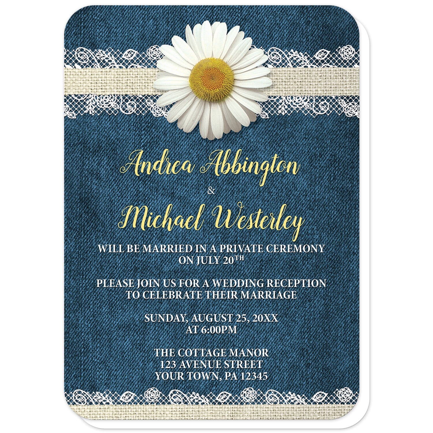 Daisy Burlap and Lace Denim Reception Only Invitations (with rounded corners) at Artistically Invited.