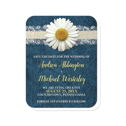 Daisy Burlap and Lace Denim Save the Date Cards (with rounded corners) at Artistically Invited. Southern rustic daisy burlap and lace denim save the date cards with a white daisy flower centered at the top on a burlap and lace ribbon strip illustration, over a country blue denim background. Your personalized wedding date details are custom printed in yellow and white over the denim design. 