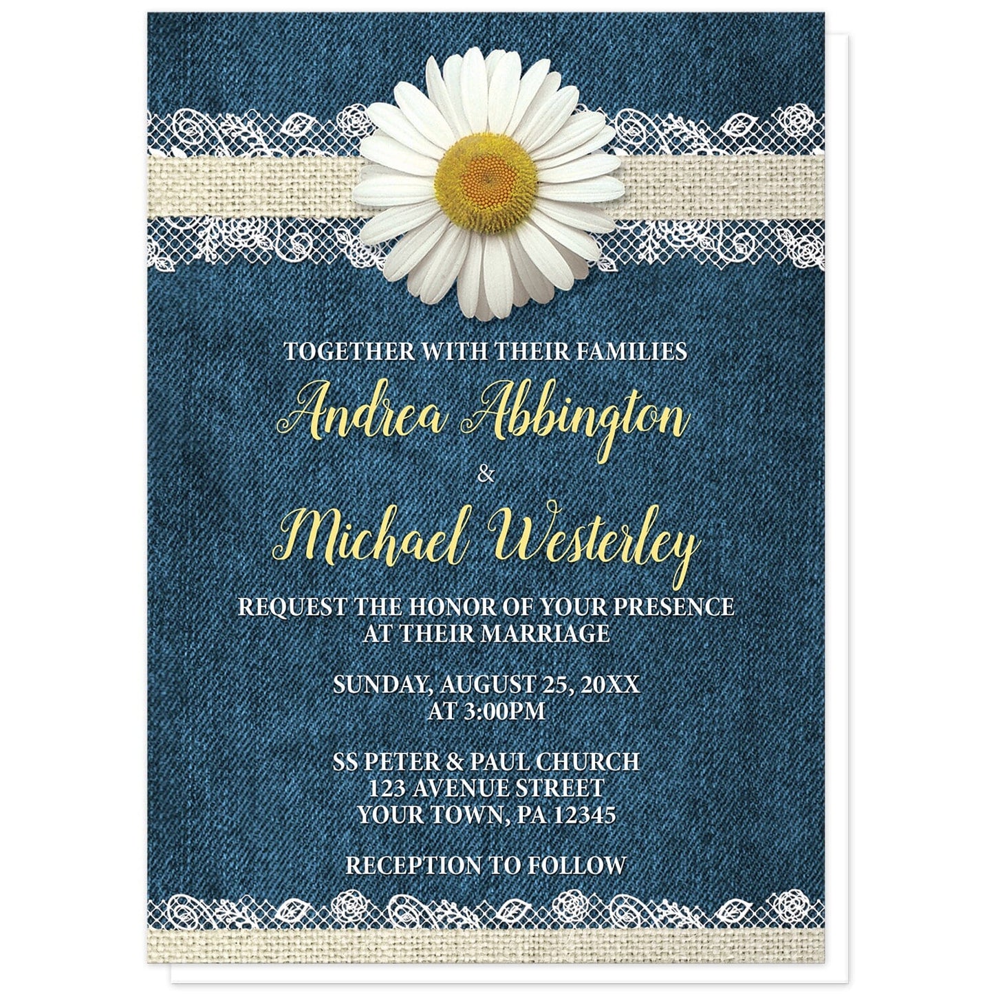 Daisy Burlap and Lace Denim Wedding Invitations at Artistically Invited. Southern rustic daisy burlap and lace denim wedding invitations with a white daisy flower centered at the top on a burlap and lace ribbon strip illustration, over a blue country denim fabric background. Your personalized marriage celebration details are custom printed in yellow and white over the denim design. 