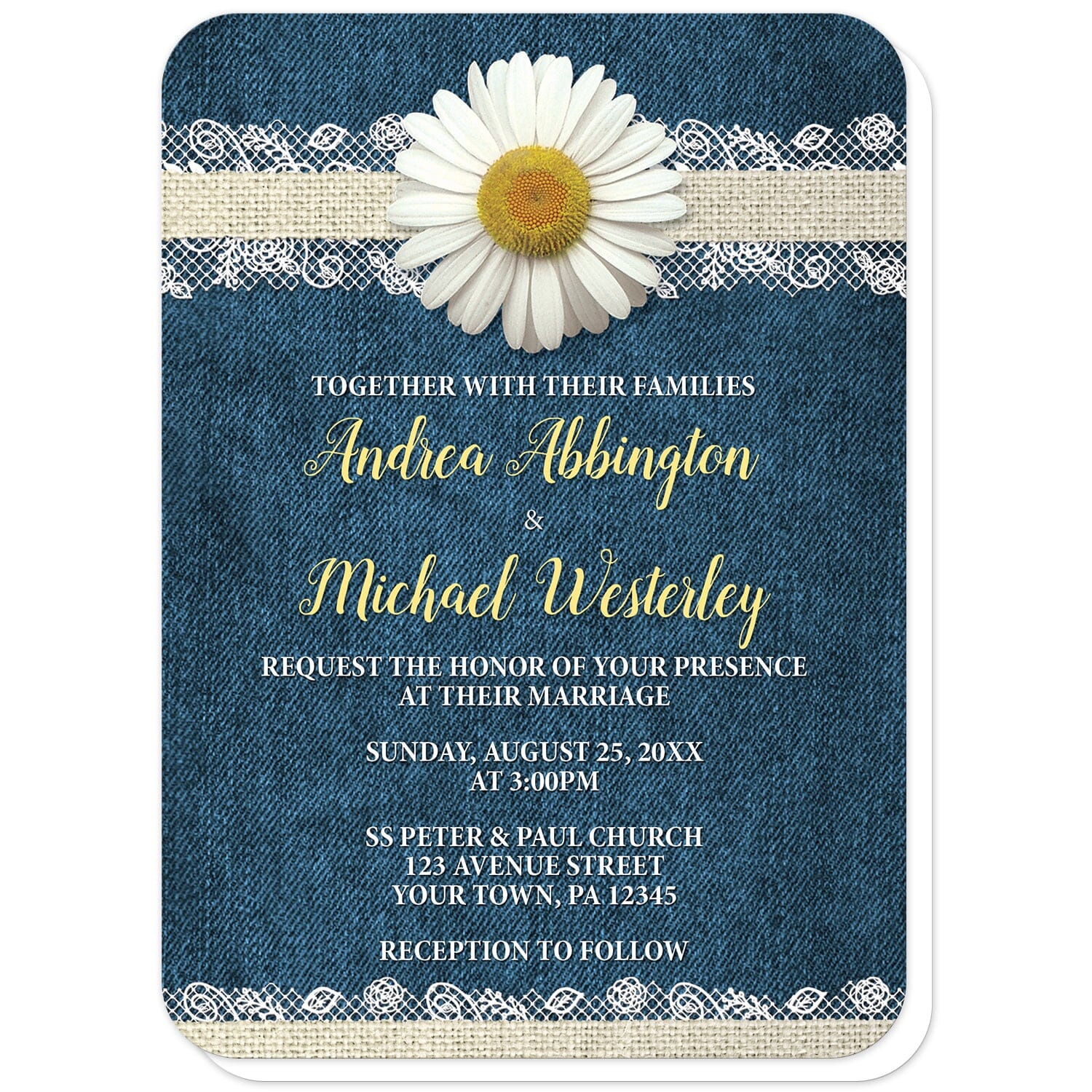 Daisy Burlap and Lace Denim Wedding Invitations (with rounded corners) at Artistically Invited. Southern rustic daisy burlap and lace denim wedding invitations with a white daisy flower centered at the top on a burlap and lace ribbon strip illustration, over a blue country denim fabric background. Your personalized marriage celebration details are custom printed in yellow and white over the denim design. 