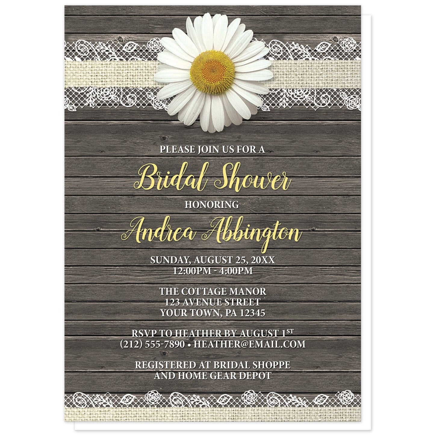 Daisy Burlap and Lace Wood Bridal Shower Invitations at Artistically Invited. Southern rustic daisy burlap and lace wood bridal shower invitations with a white daisy flower centered at the top on a burlap and lace ribbon strip illustration, over a country brown wood background. Your personalized bridal shower celebration details are custom printed in yellow and white over the wood design.